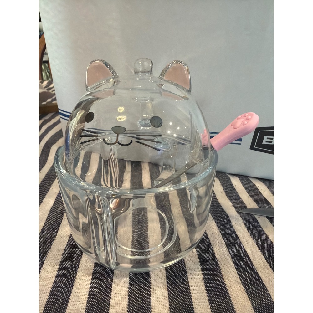 Kawaii Clear Glass Cat Mug Set with Lid and Pink Paw‎ Spoon Whimsical Neko Cup